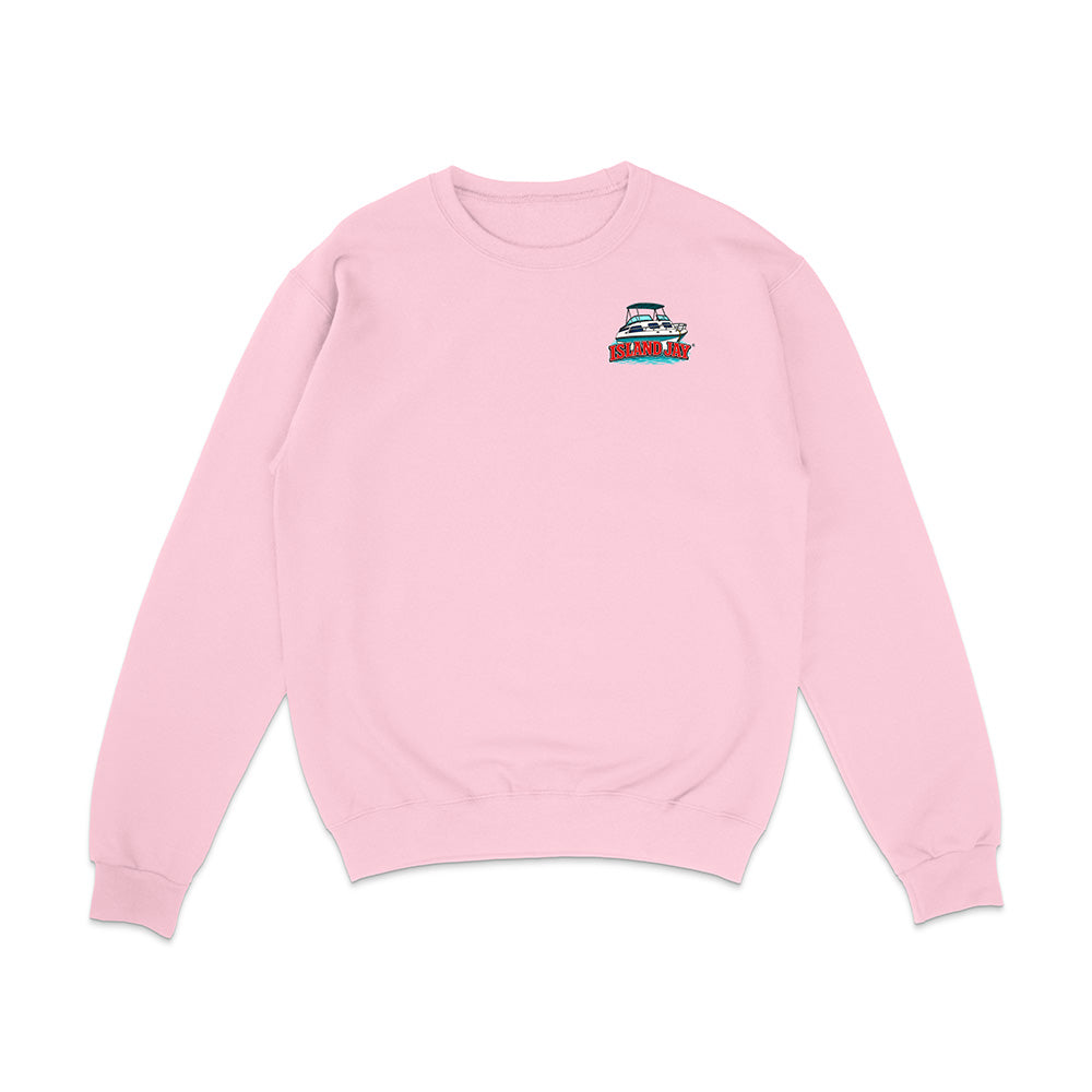 A light pink crewneck sweatshirt with a small graphic of a sailboat on the left chest, displayed on a clean white background.