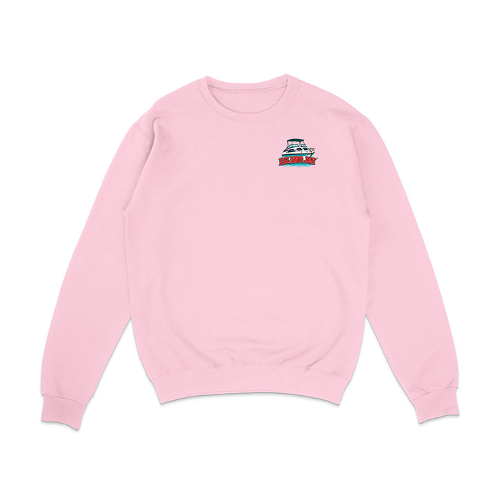 A light pink crewneck sweatshirt with a small graphic of a sailboat on the left chest, displayed on a clean white background.