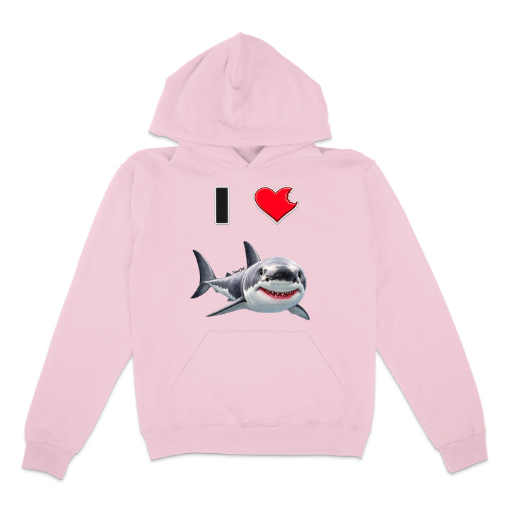 A pink hoodie with a graphic print on the front showing a black and white shark below a red heart and the text 'I' in black, displayed on a solid white background.