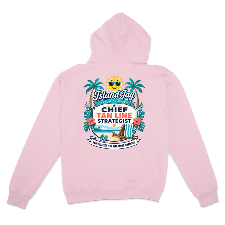 A light pink pullover hoodie shown from the back, featuring a colorful graphic print with palm trees, a sun, a beach chair, and the text 'IslandJay' and 'CHIEF TAN LINE STRATEGIST'.