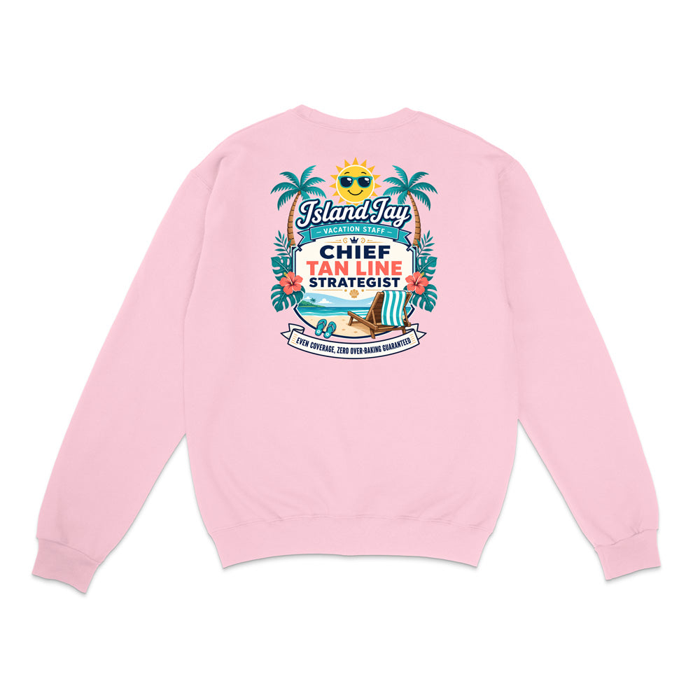 A light pink crewneck sweatshirt shown from the back, featuring a colorful graphic print with palm trees, a beach chair, and text that reads 'IslandJaz' and 'CHIEF TAN LINE STRATEGIST'.