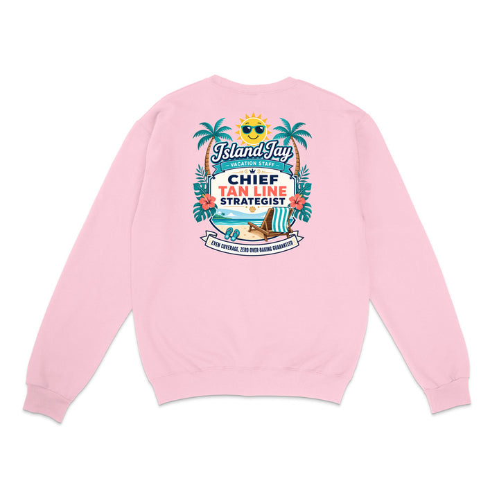 A light pink crewneck sweatshirt shown from the back, featuring a colorful graphic print with palm trees, a beach chair, and text that reads 'IslandJaz' and 'CHIEF TAN LINE STRATEGIST'.