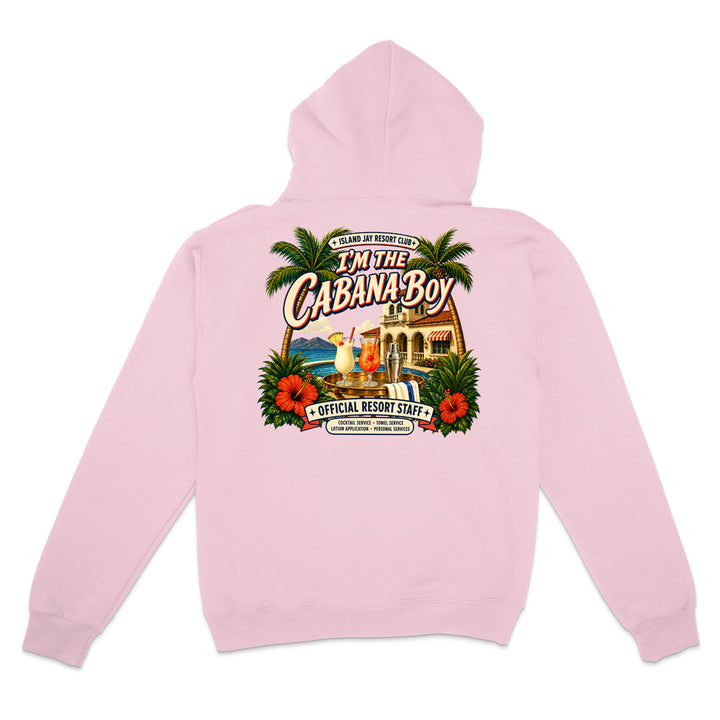 A light pink pullover hoodie shown from the back, featuring a large, colorful graphic print of a tropical resort scene with palm trees, hibiscus flowers, cocktails, and the text 'I'M THE CABANA BOY' and 'OFFICIAL RESORT STAFF'.