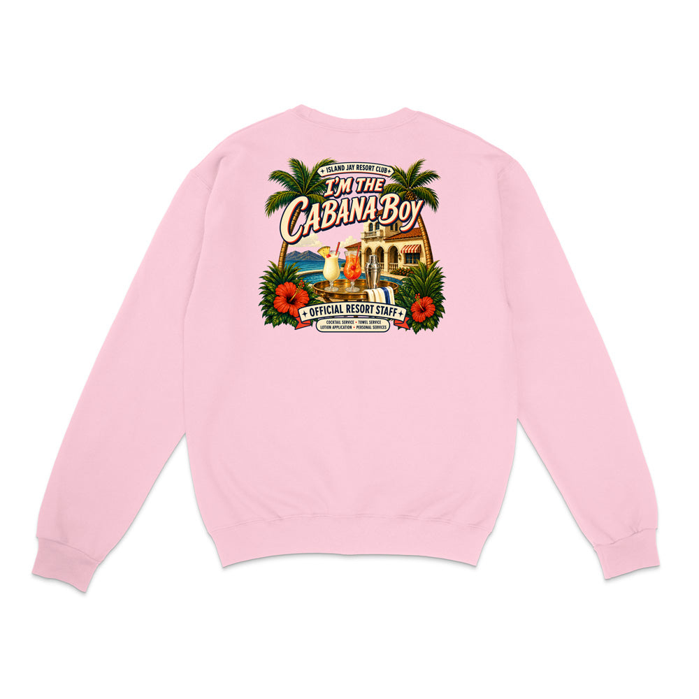 A light pink crewneck sweatshirt shown from the back, featuring a large, colorful graphic print on the upper back with palm trees, red hibiscus flowers, and the text 'Tiki Cabana Boy Official Resort Staff'.