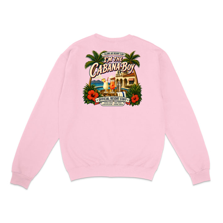 A light pink crewneck sweatshirt shown from the back, featuring a large, colorful graphic print on the upper back with palm trees, red hibiscus flowers, and the text 'Tiki Cabana Boy Official Resort Staff'.