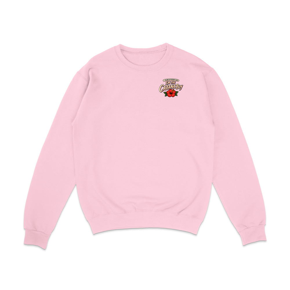 A light pink crewneck sweatshirt with a small graphic on the left chest reading 'Bloomer's Not Crying' in a retro font above a red rose, shown on a plain white background.
