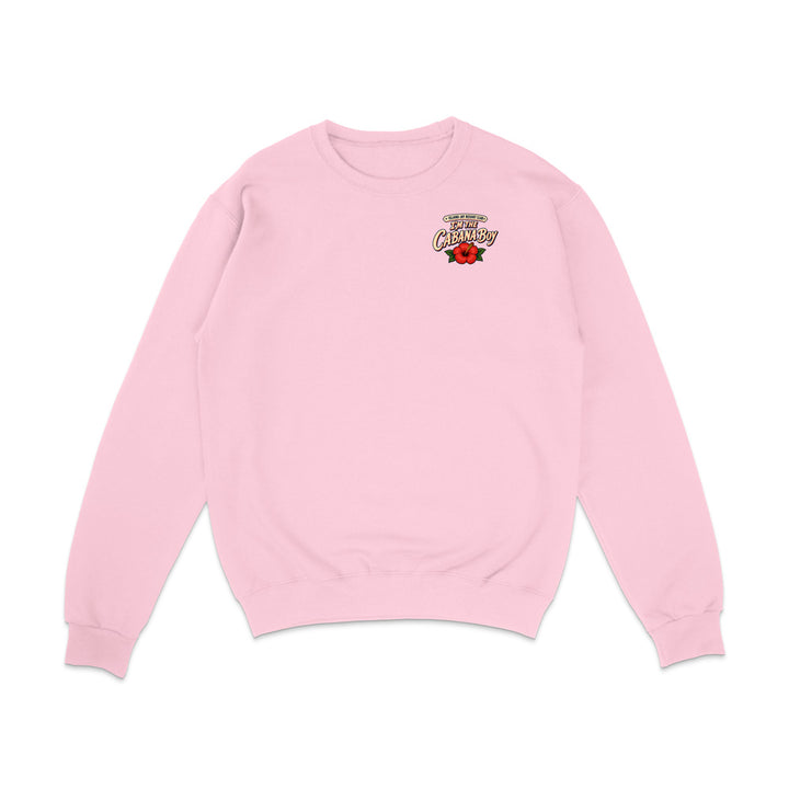 A light pink crewneck sweatshirt with a small graphic on the left chest reading 'Bloomer's Not Crying' in a retro font above a red rose, shown on a plain white background.