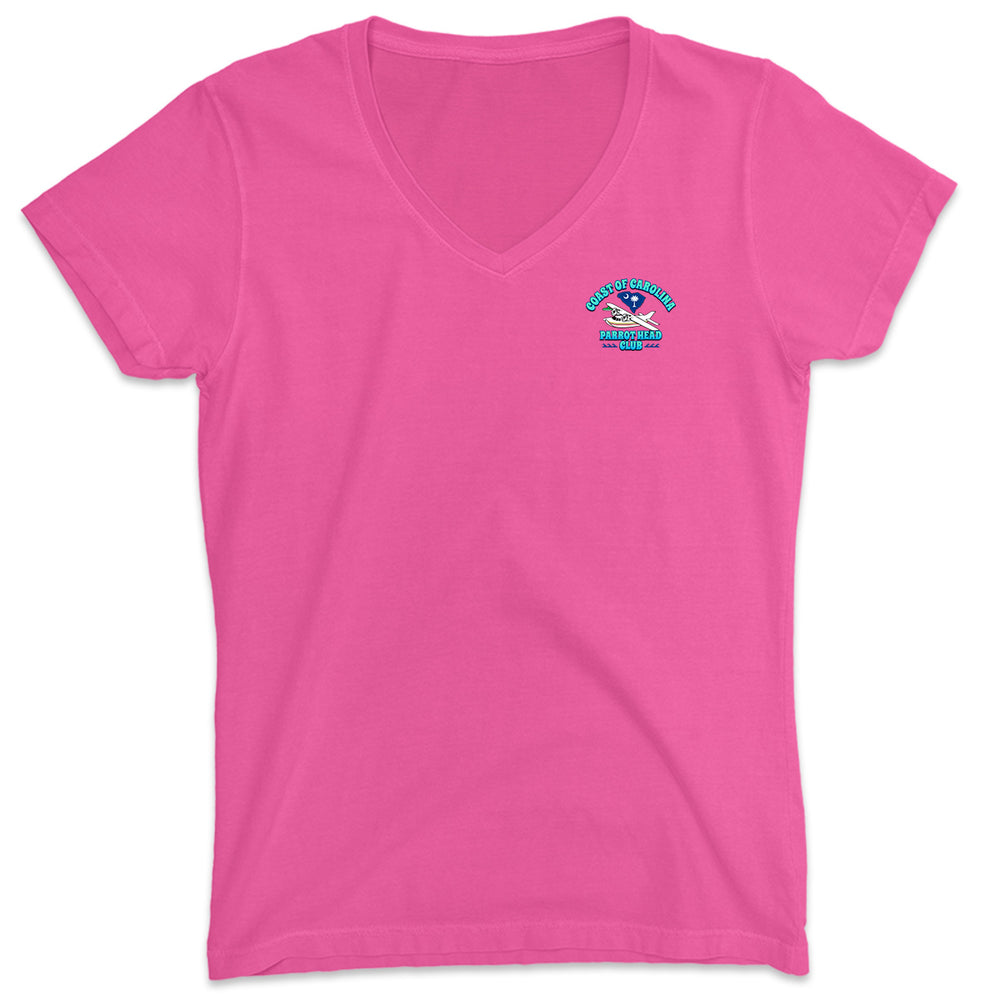 Women's Coast of Carolina Parrot Head Club V-Neck T-Shirt Hot Pink