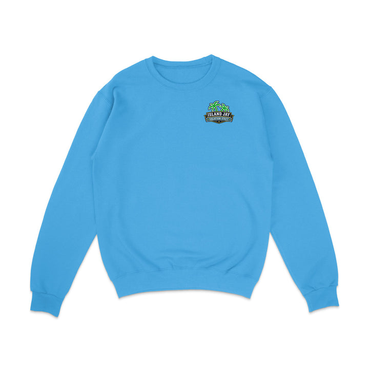 A bright blue crewneck sweatshirt with a small graphic of a red and white snowmobile on the left chest, displayed on a clean white background.