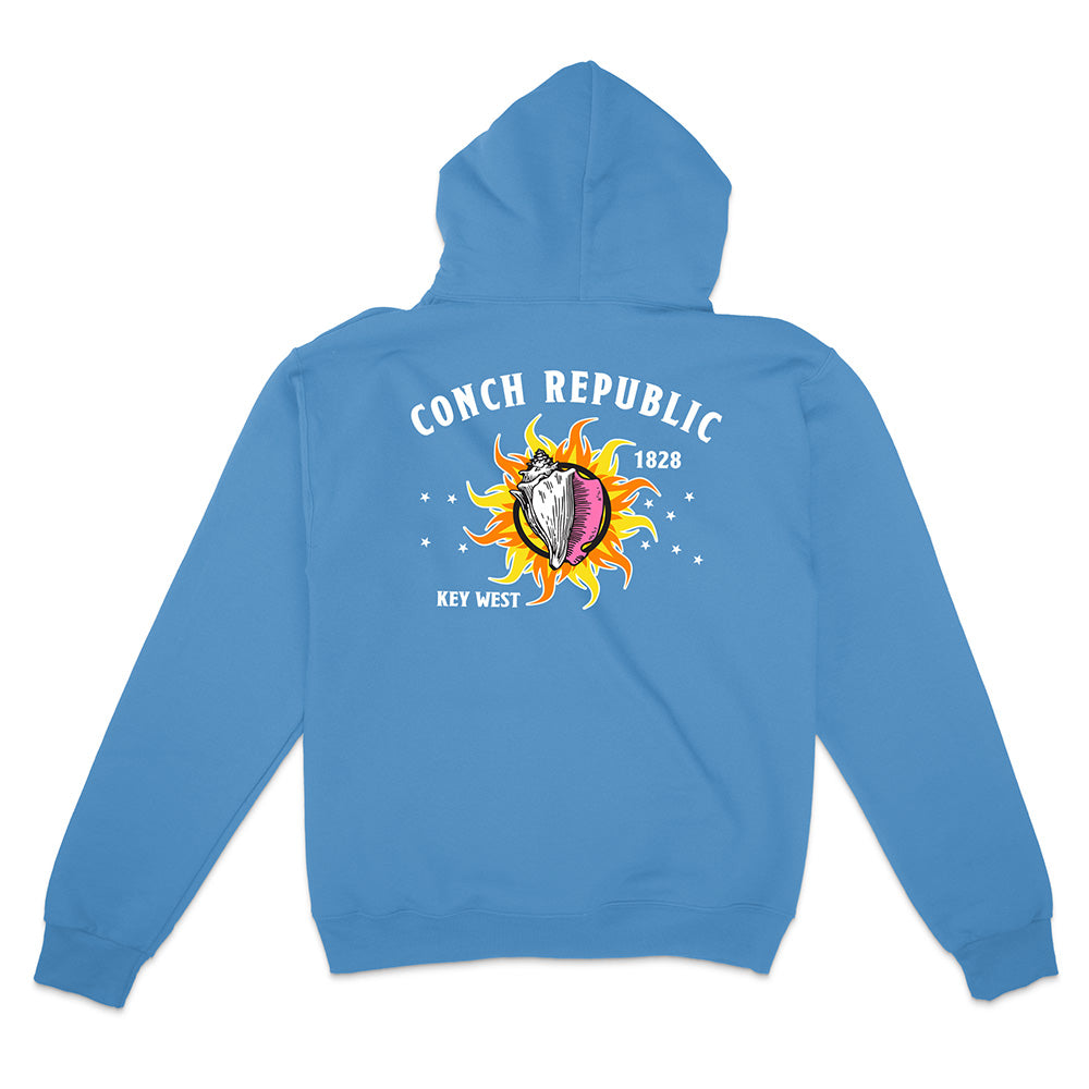 Blue Hoodie with Key West Flag Graphic text reading "Conch Republic Key West 1828" on a white background.