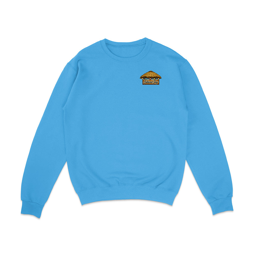 A light blue crewneck sweatshirt with a small graphic of a burger on the left chest, displayed on a clean white background.