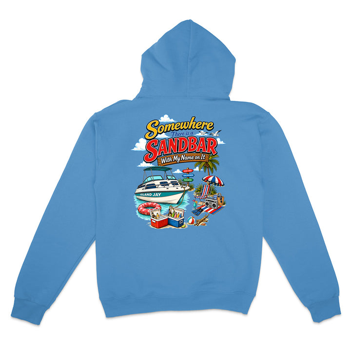 A light blue hoodie shown from the back, featuring a colorful graphic print with the text 'Somewhere Sandbar With My Name on It' and illustrations of a boat, beach umbrella, palm tree, and sandcastle.