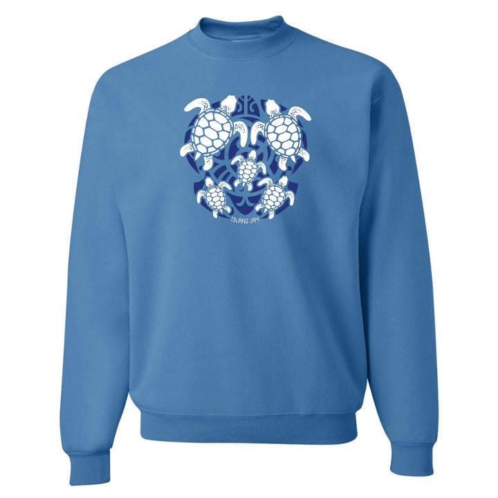 Blue hoodie with a blue and white turtle graphic on a white background