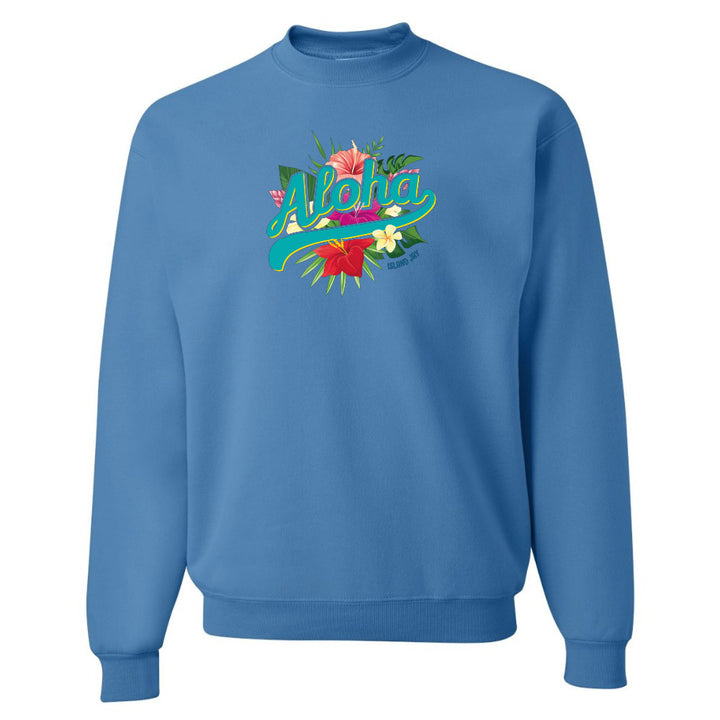 Blue sweatshirt with 'Aloha' and floral design on a white background