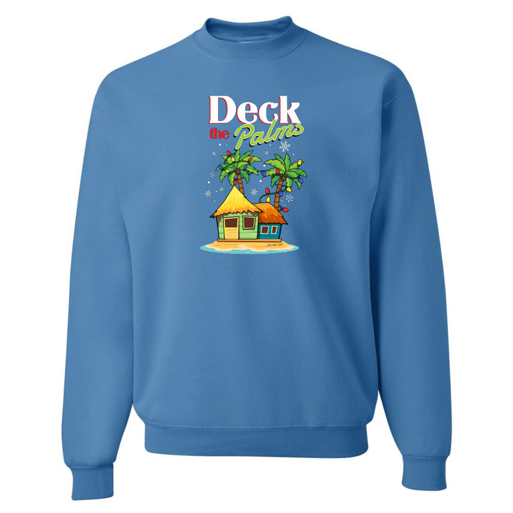 Blue sweatshirt with a tropical hut and palm tree design and graphic text reading "Deck The Palms" on a white background