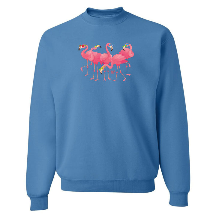 Blue sweatshirt with pink flamingo design on a white background