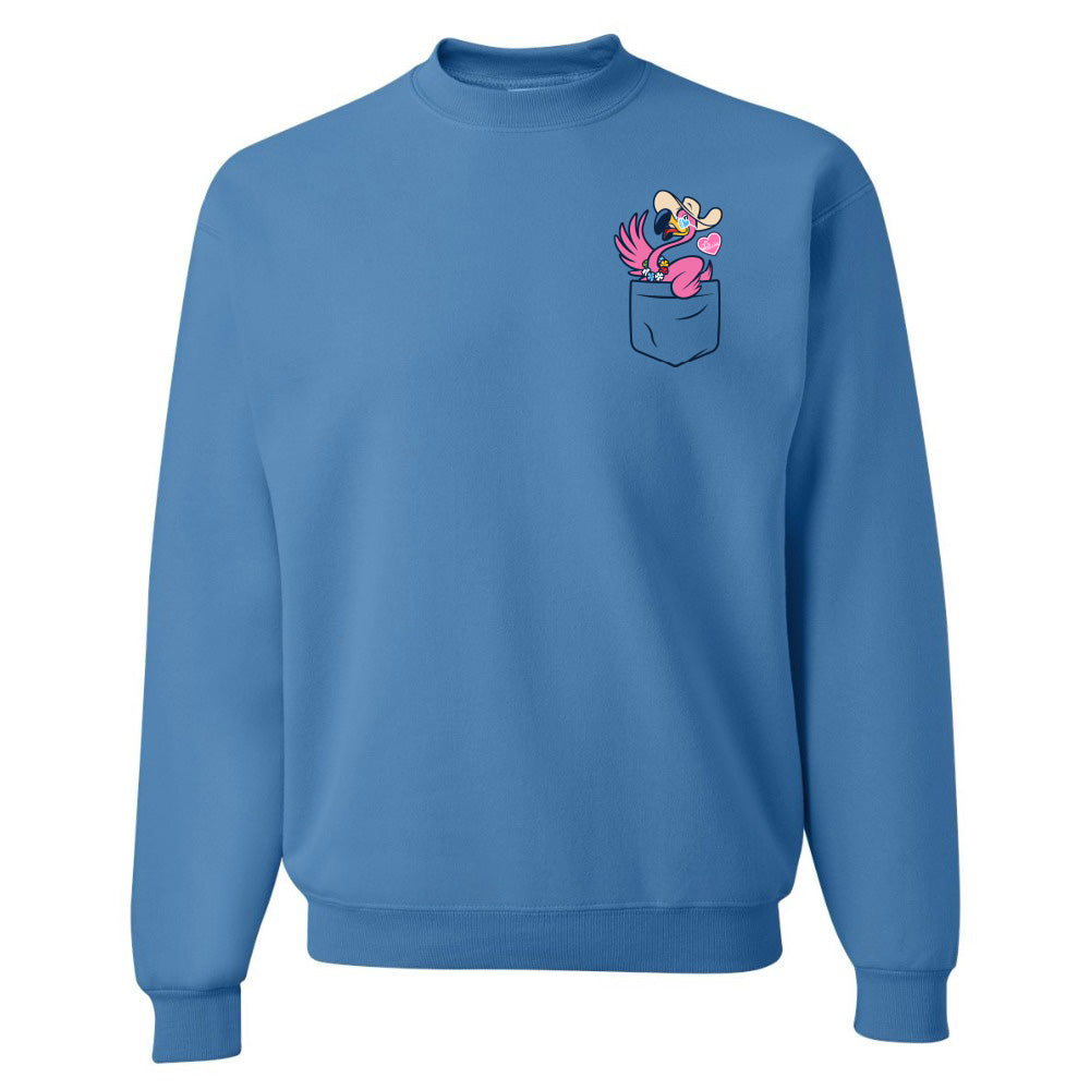 Blue sweatshirt with a cartoon character in the pocket on a white background