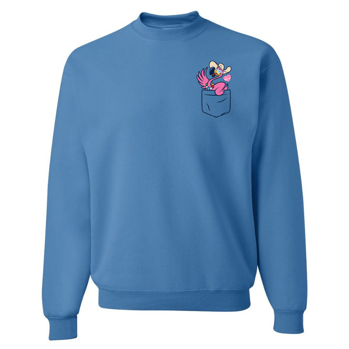 Blue sweatshirt with a cartoon character in the pocket on a white background