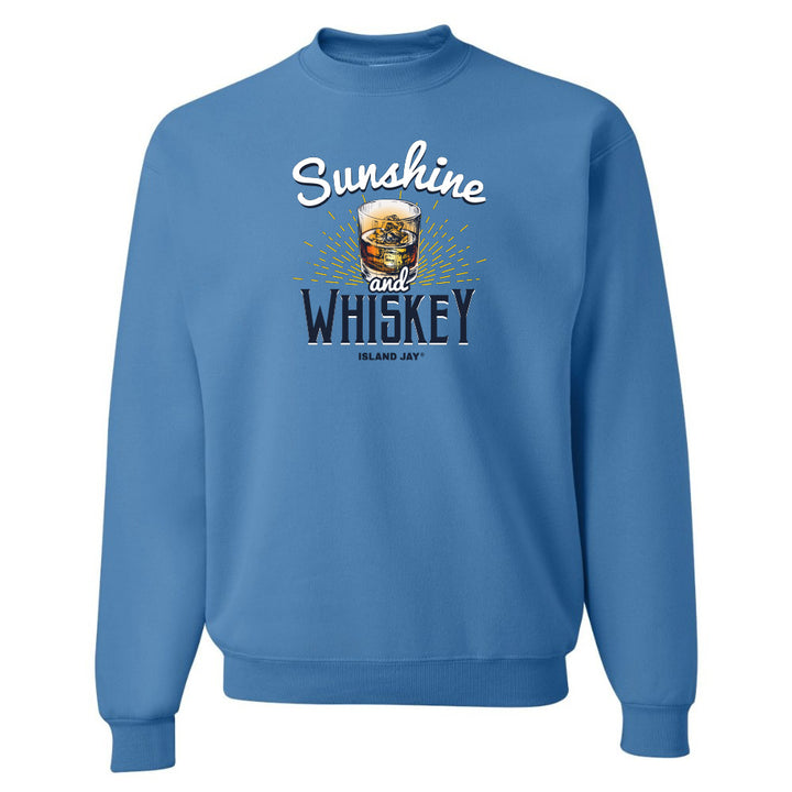 Blue sweatshirt with 'Sunshine and Whiskey' text and graphic on a white background