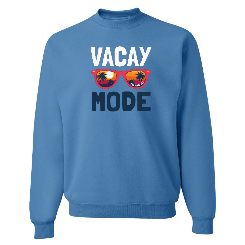 Blue sweatshirt with 'VACAY MODE' text and sunglasses graphic on a white background