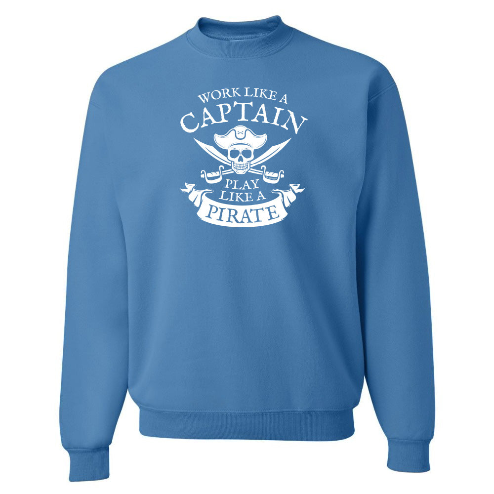 Blue sweatshirt with white graphic and text on a white background