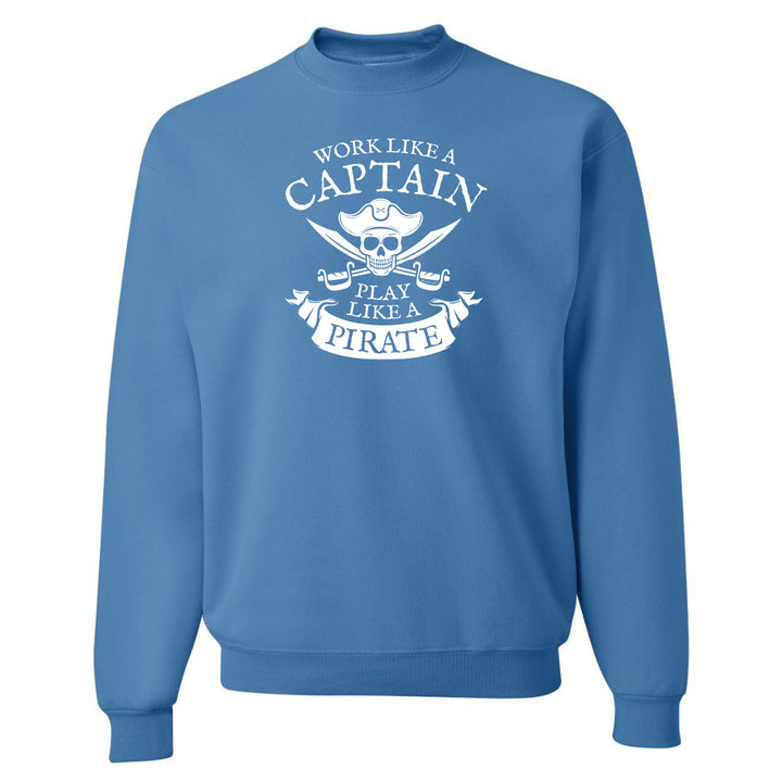 Blue sweatshirt with white graphic and text on a white background