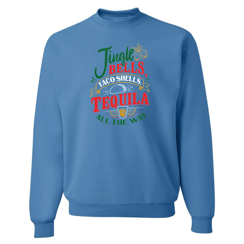 Blue sweatshirt with colorful text design on a white background