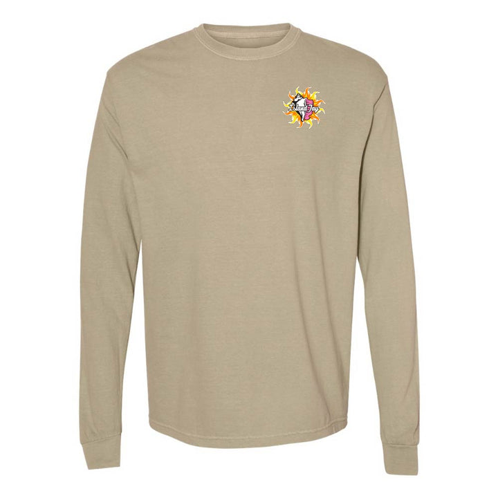 Khaki long-sleeve shirt with a Key West Conch Republic Flag graphic.