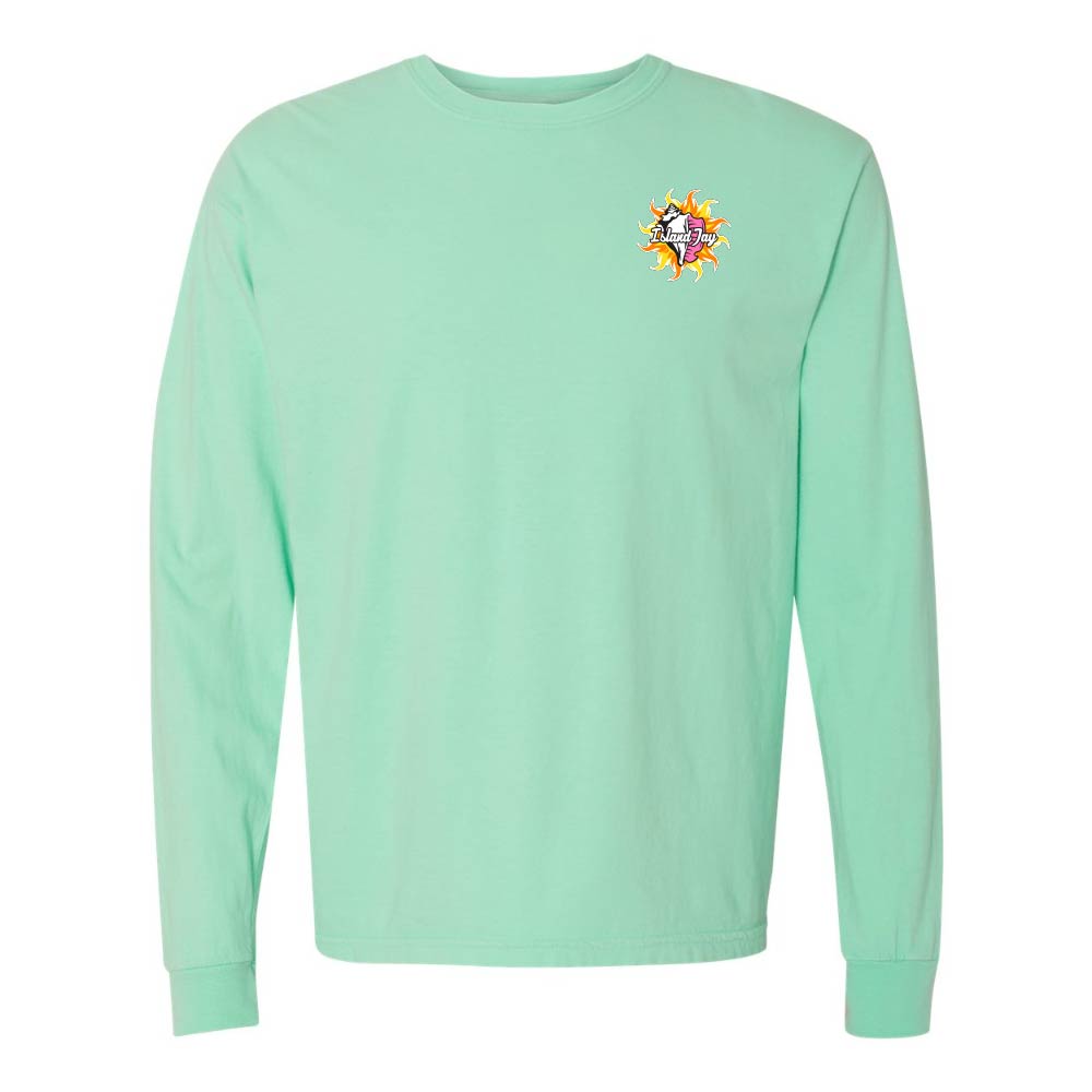 Mint green long-sleeve shirt with a Key West Conch Republic Flag graphic.