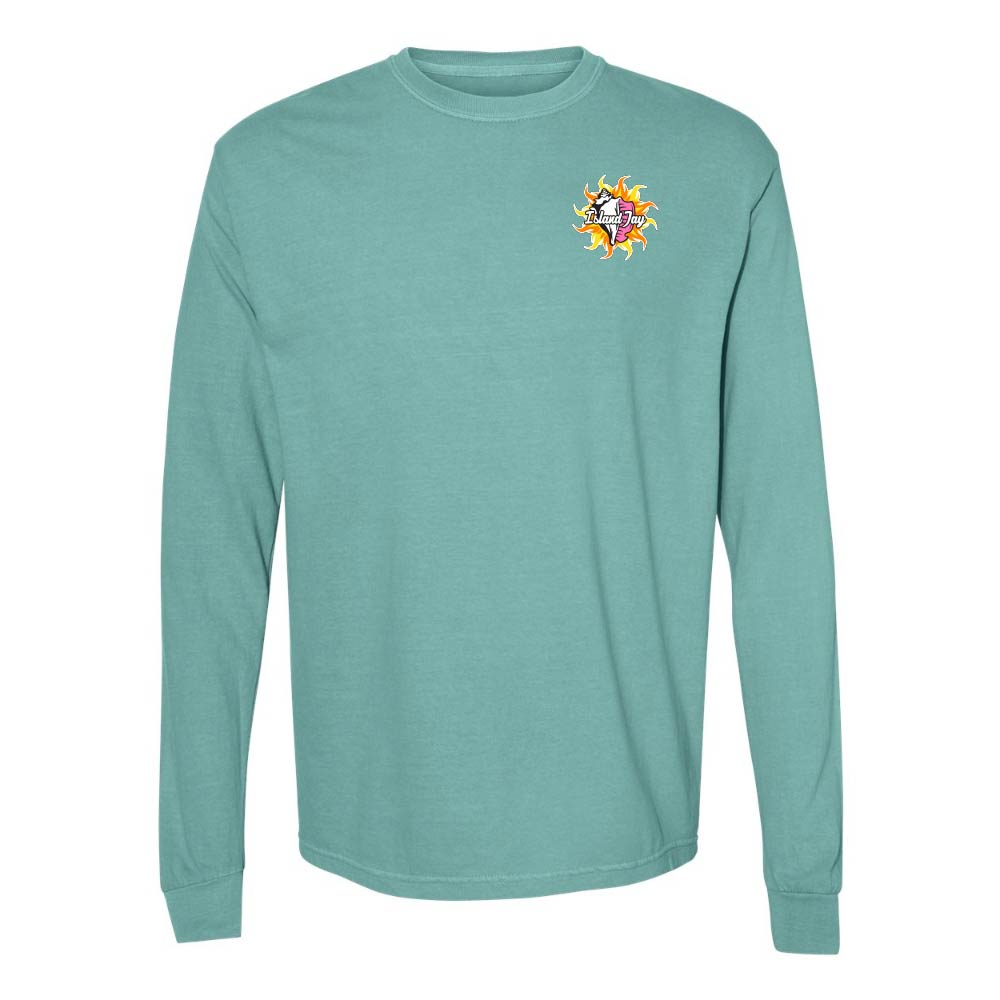 Teal long-sleeve shirt with a Key West Conch Republic Flag graphic.
