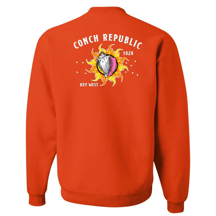Orange sweatshirt with 'Conch Republic 1828 Key West' design on the back against a white background