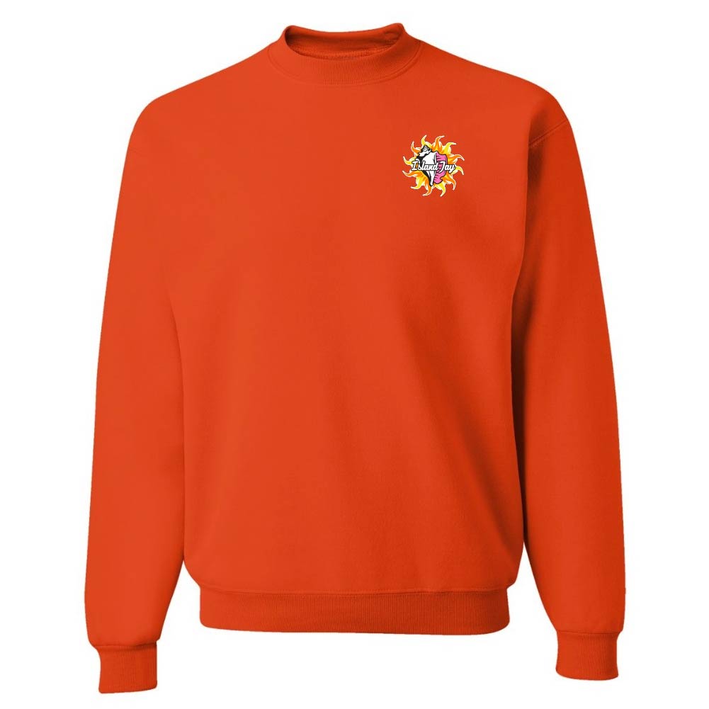 Orange sweatshirt with a logo on the chest against a white background