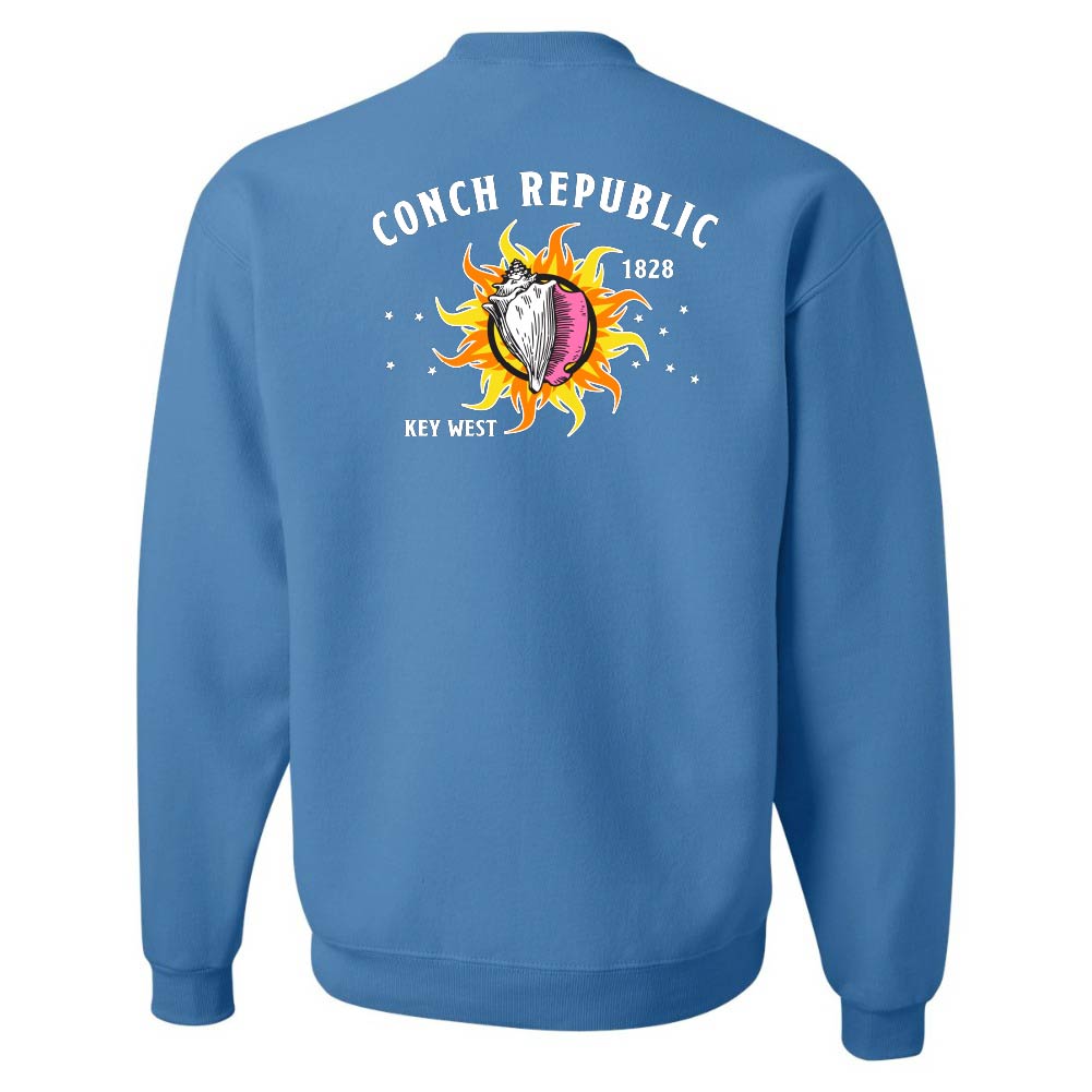 Blue sweatshirt with 'Conch Republic 1828 Key West' design on the back against a white background