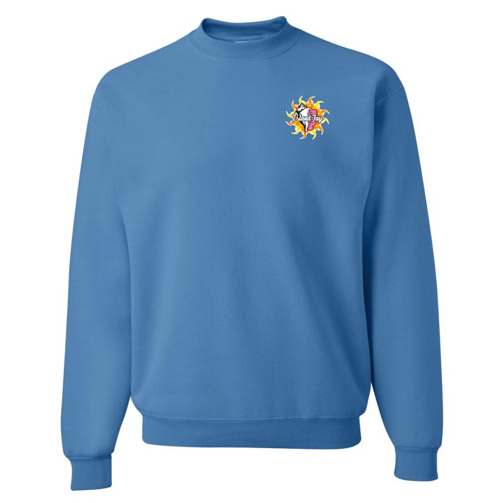 Blue sweatshirt with a colorful logo on the chest against a white background