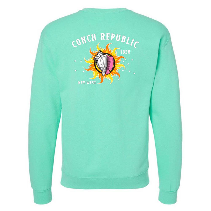 Mint green sweatshirt with 'Conch Republic' and sun design on the back, on a white background.