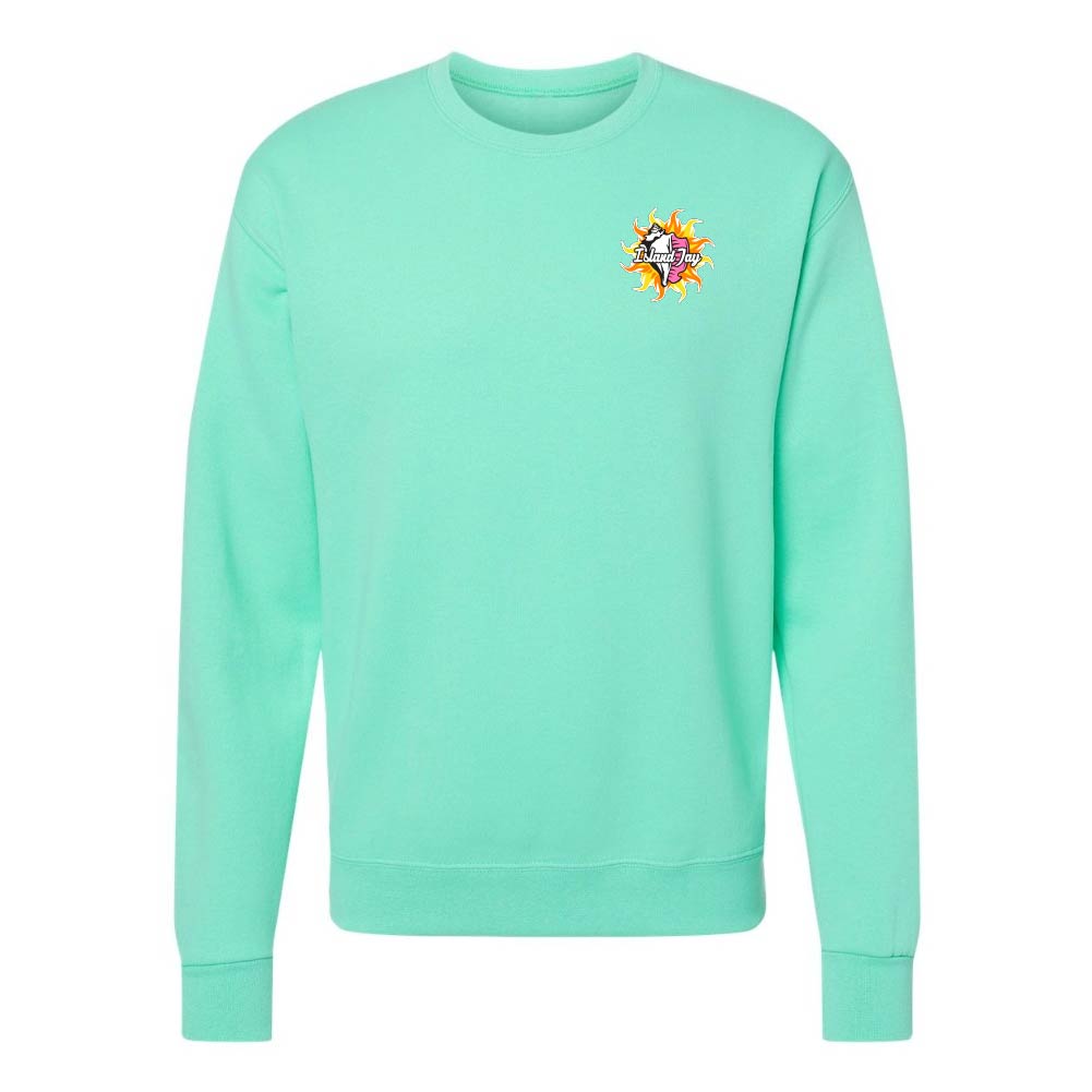 Mint green sweatshirt with a colorful logo on the chest against a white background