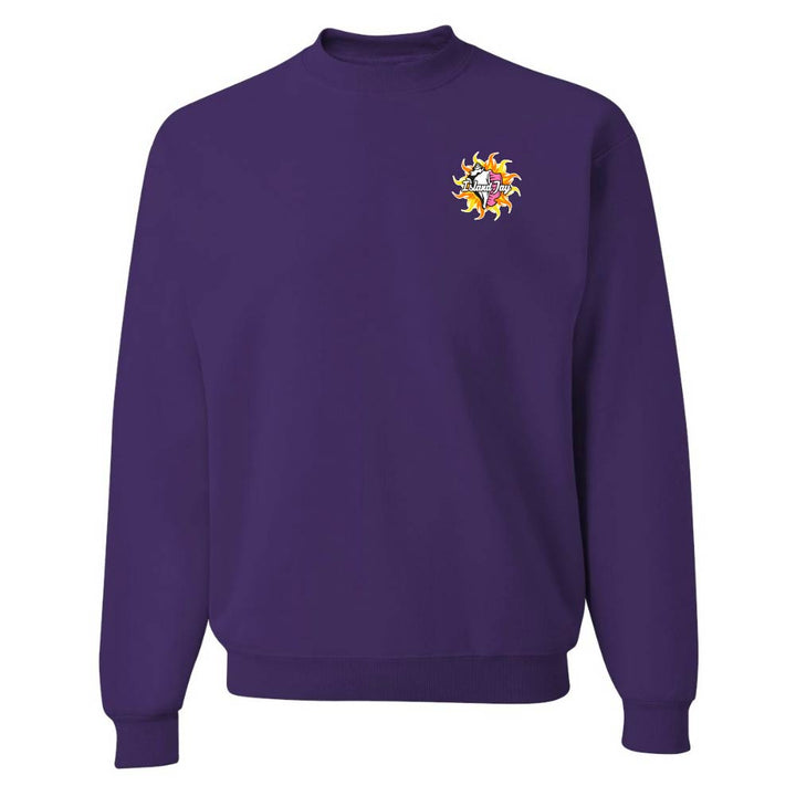 Purple sweatshirt with a colorful logo on the chest against a white background