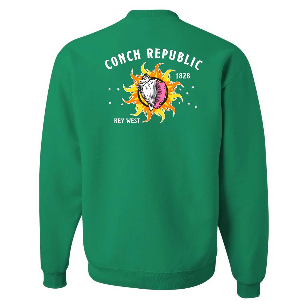 Green sweatshirt with a colorful graphic and text on the back against a white background