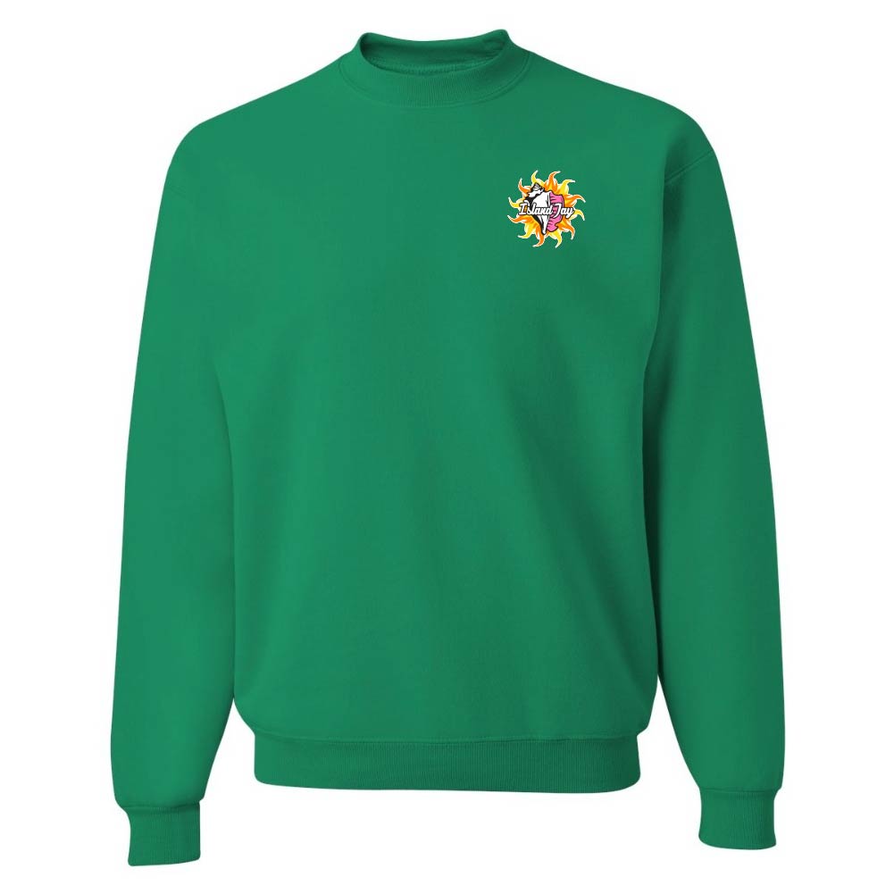 Green sweatshirt with a colorful logo on the chest against a white background