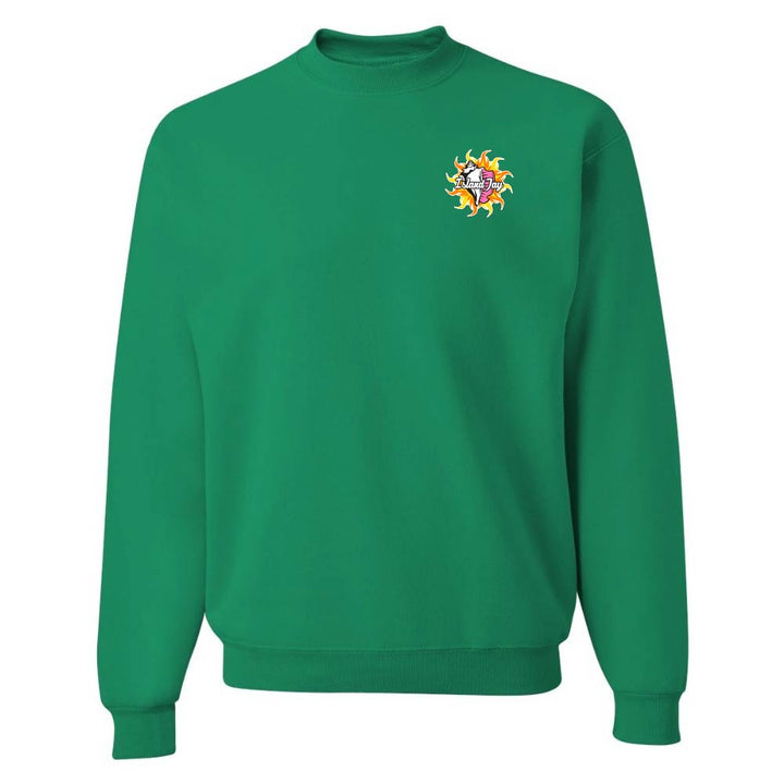 Green sweatshirt with a colorful logo on the chest against a white background