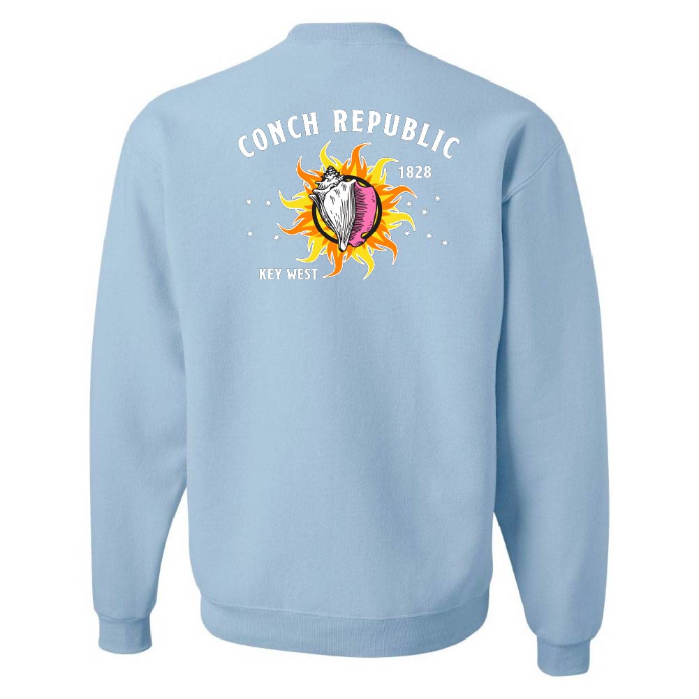Light blue sweatshirt with a colorful graphic and text on the back against a white background