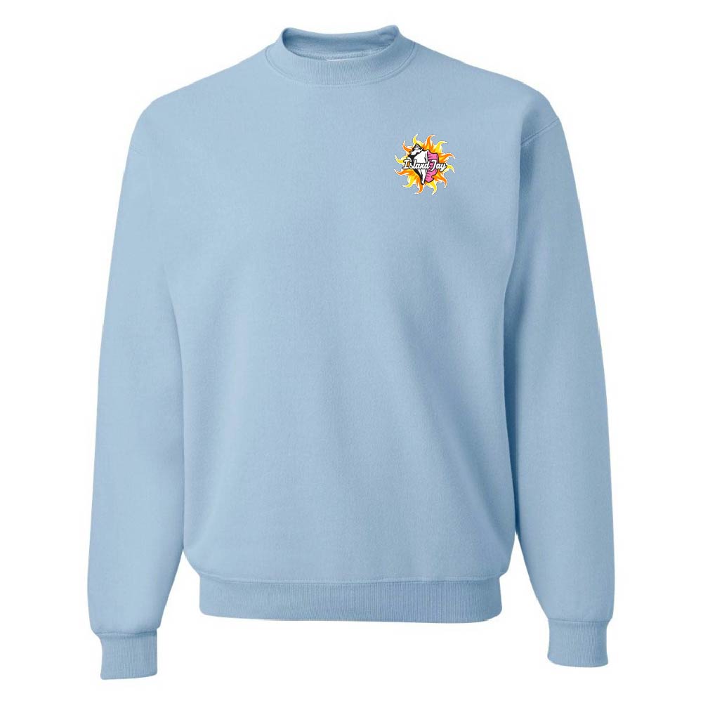 Light blue sweatshirt with a colorful logo on the chest against a white background