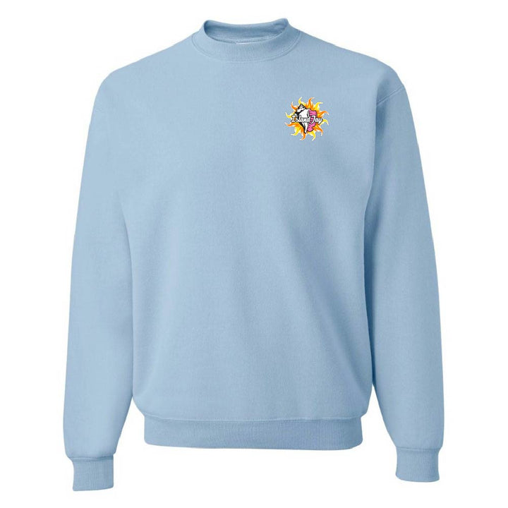 Light blue sweatshirt with a colorful logo on the chest against a white background