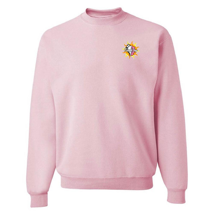 Pink sweatshirt with a colorful logo on a white background