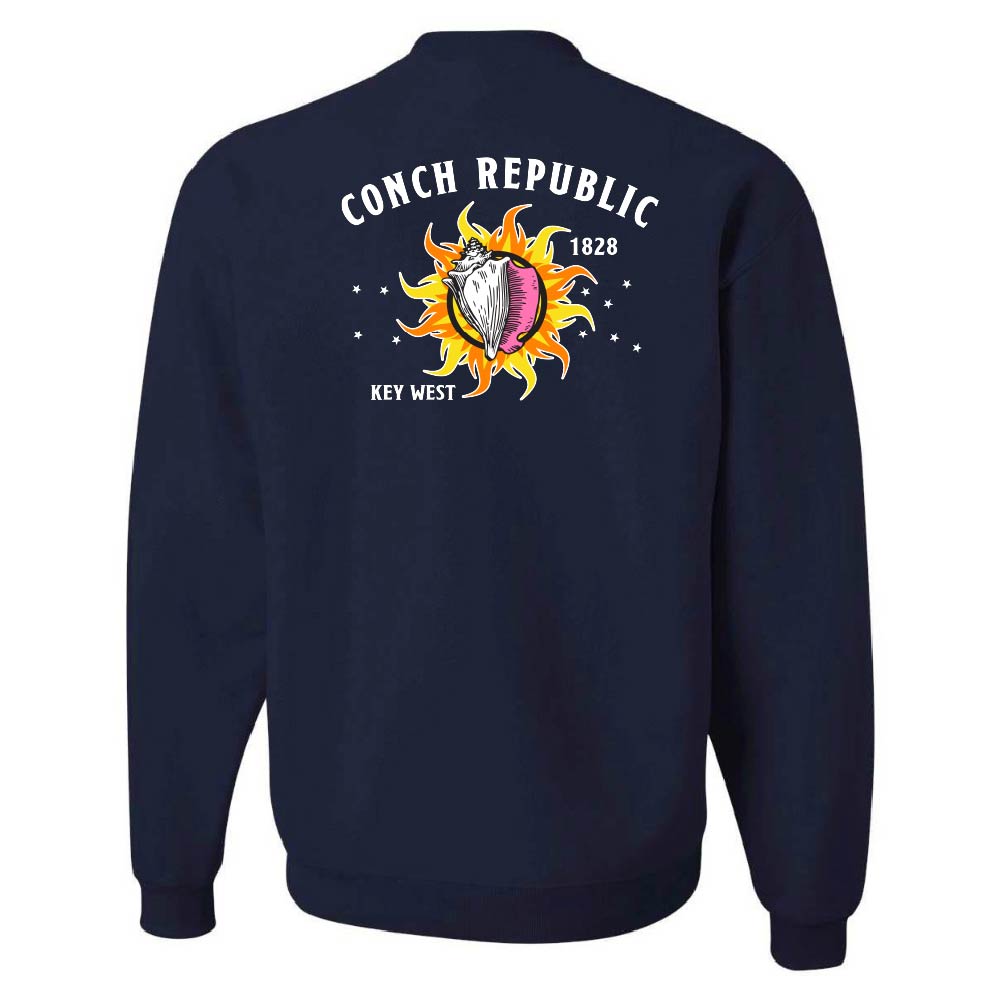 Navy blue sweatshirt with a colorful graphic and text on the back, on a white background