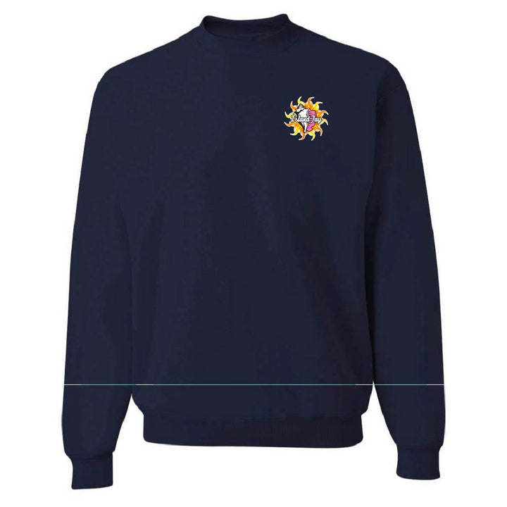 Navy blue sweatshirt with a colorful logo on the chest against a white background