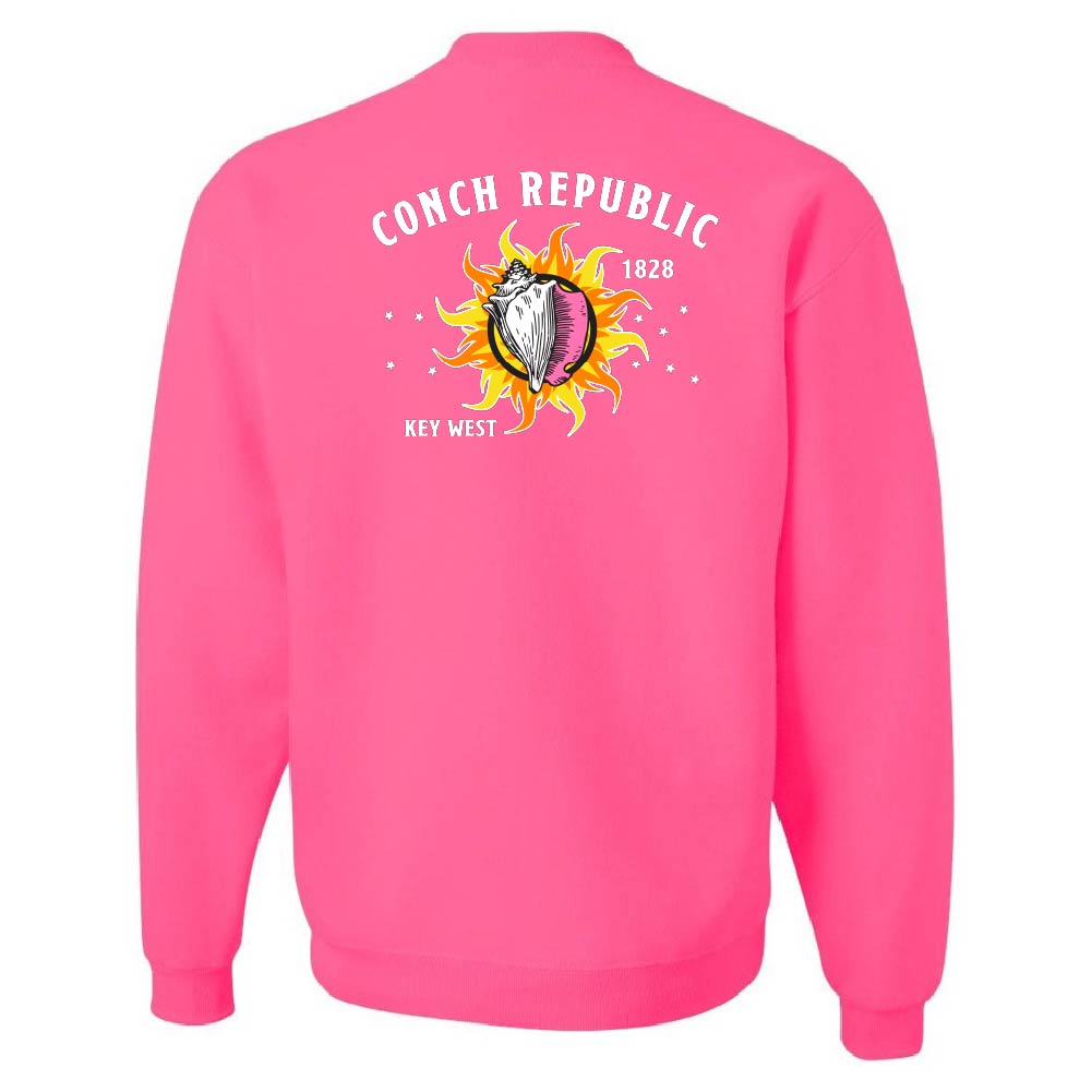 Pink sweatshirt with 'Conch Republic 1828 Key West' design on the back against a white background