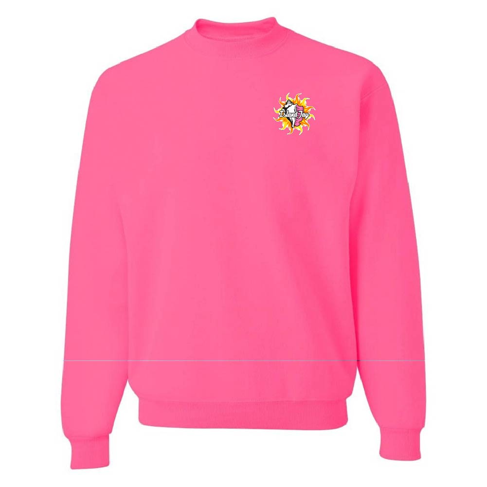 Pink sweatshirt with a small logo on the chest against a white background