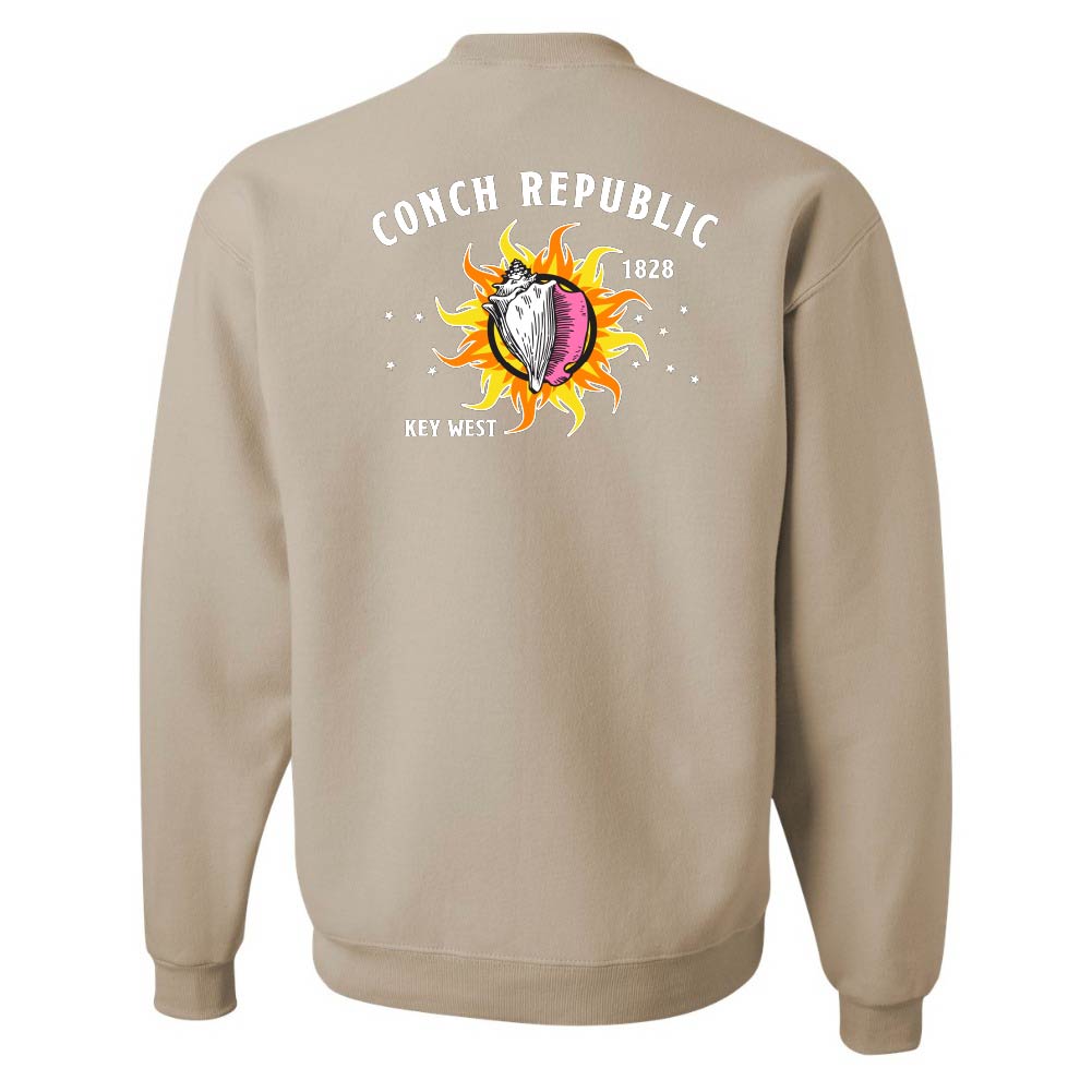 Beige sweatshirt with a colorful graphic and text on the back against a white background