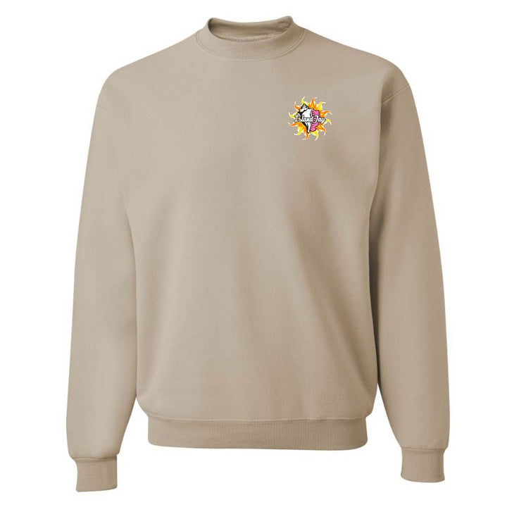 Beige sweatshirt with a colorful logo on the chest against a white background